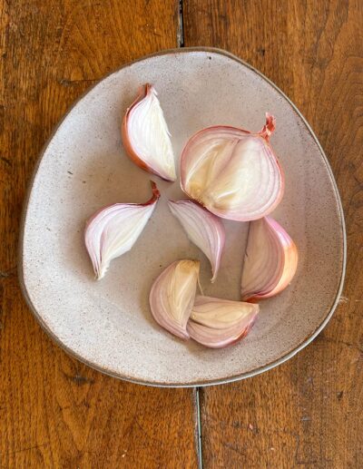 View of a cut Val-aux-Vents French shallot.